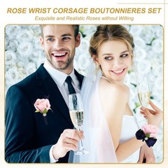 2Pcs Wrist Corsage Boutonnieres Set with Black Ribbon, Champagne