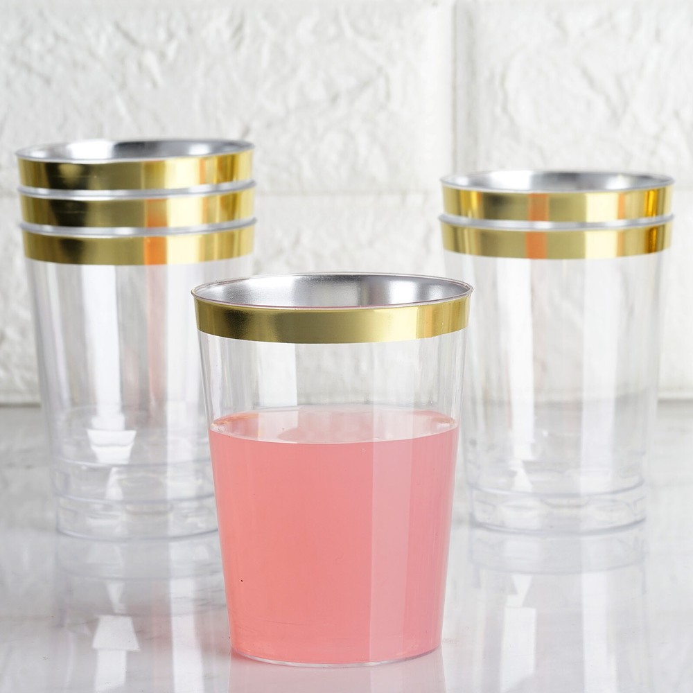 25 pcs 8 oz Plastic CLEAR with Gold Rim CUPS Disposable Tableware Party Wedding