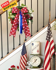 MEEDEE 4 Inch Patriotic Dupioni Wired Ribbon, 10 4 Inch, Red with White Stars