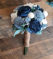 Navy Dusty Blue White Bridal Bouquet Sola Wood Eucalyptus Cascade Bridesmaid
