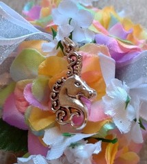 4″ Long Artificial Pastel Rainbow Rose Wrist Corsage With Metal Unicorn Charm