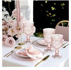 Pink Pack 48 Plastic Reusable Wine Glasses 12 ounces, Vintage Embossed Goblets