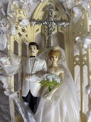 Vintage Wedding Cake Topper Religious Christian Cross Floral Bride Groom