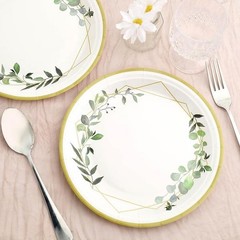 24 White 9″ Round Paper Plates Eucalyptus Geometric Gold Rim Design Party Events