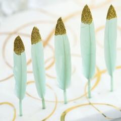90 MINT GREEN Glittered Gold Tip Natural Turkey Feathers Wedding Decorations