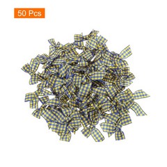 50Pcs Mini Gingham Ribbon Bow 1.5″ Checkered Fabric Satin Light Blue and Yellow