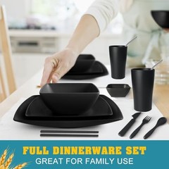 88-piece With Flatware Plastic Kitchen Wheat Straw Square Dinnerware Set Black