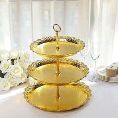 15 in Metallic Gold 3 Tier Plastic Cupcake Stand Round Dessert 15″,