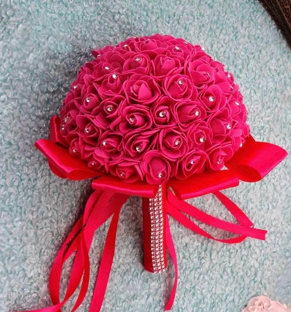 Pink Artificial Rose Wedding Bouquet with Ribbon and Pearl Accents