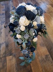 Navy Dusty Blue Bridal Bouquet Sola Wood Cascade Artificial Wedding Flowers