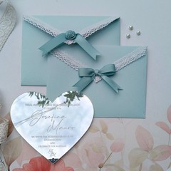 Silver Mirror Acrylic Customized Wedding Invitation with Pale Blue Lace Envelope