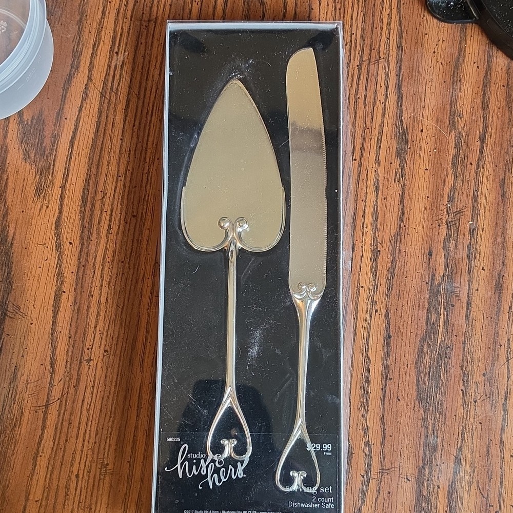 Studio His & Hers Silver Metal Cake Knife & Server Set Wedding Dishwasher Safe
