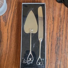 Studio His & Hers Silver Metal Cake Knife & Server Set Wedding Dishwasher Safe
