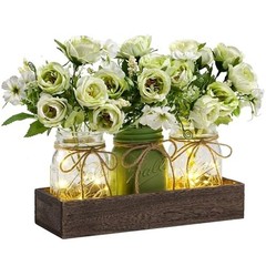Charming 3-Pc Mason Jar Table Decor Set with Eco-friendly Wood Tray & LED Lights