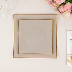 10 TAUPE 8″ Square Concave Plastic Salad Dinner PLATES Gold Rim Party Events
