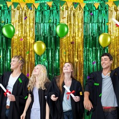 3Pack 3.3Ft x 6.6Ft Graduation Foil Fringe Curtain Backdrop Decorations, Gree…