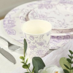 24 WHITE LAVENDER 9 oz Disposable PAPER CUPS French Toile Pattern Party Supplies