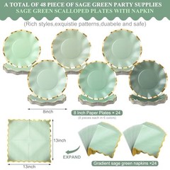 Pcs Scalloped Party Paper Plates and Napkins Cocktail Disposable 48 Sage Green