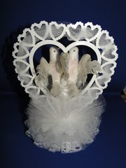 New Elegant Wedding Sparkling White Love Birds Cake topper / heart & bell #189