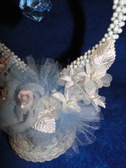 New White Pearl & blue bead Heart with tulle & white floral Wedding CakeTop 416