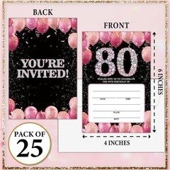 Birthday Invitations for Women Men – Pink 80th Bday Invites with Envelopes(25…