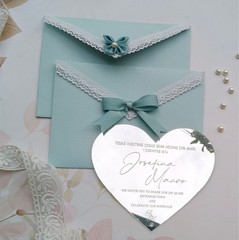 Silver Mirror Acrylic Customized Wedding Invitation with Pale Blue Lace Envelope