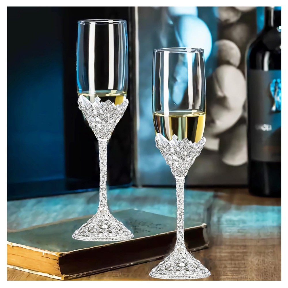 Wedding Champagne Flutes Set of 2 – Metal Base With Crystal Stones, Glasses f…