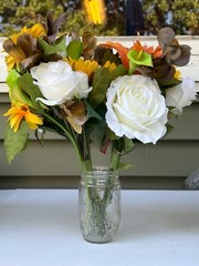 24 Orange, Brown, yellow, white, green, floral wedding centerpieces & burlap.