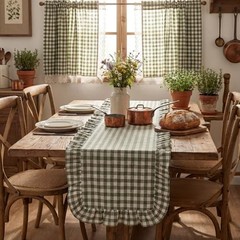 Tegeme Gingham Table Runner 12»x71» Cotton Ruffle Checkered Olive Green Plaid