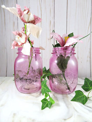 Country Cottage Glass Jars Vases Pink Pair Pint Size Centerpiece Wedding Décor