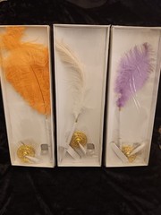 3 New Ballpoint Ostrich Feather Pen Plume Purple Orange White Gold Stand Wedding