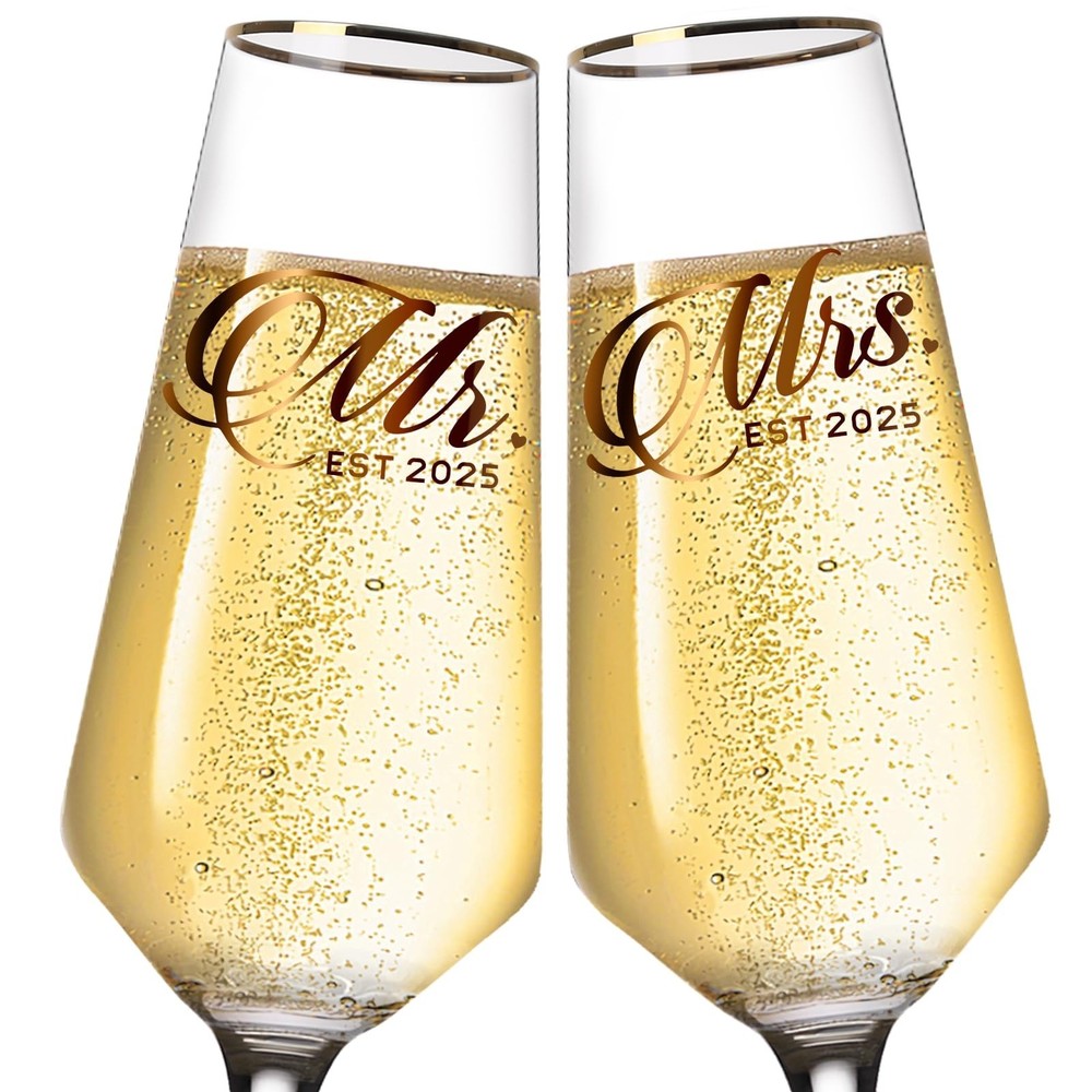Mr and Mrs Champagne Glasses Set of 2, Long Stem Wedding Champagne Flutes 202…