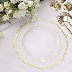 20 CLEAR 10.5″ Round Plastic Dinner Plates GOLD Scalloped Rim Events