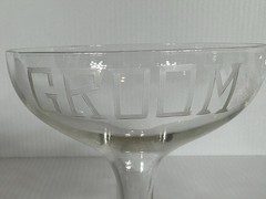 VTG MCM Engraved BRIDE GROOM Glasses Hollow Stem Champagne Coupes 1967 In Box