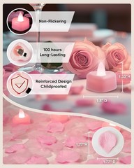 2000 Pieces Pink Artificial Rose Petals with 24 Pink Heart LED Tea Lights, Ro…