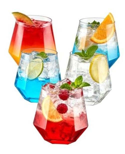 PCS 12 Oz Plastic Wine Whiskey Glasses, Diamond Stemless Unbreakable 40 Clear