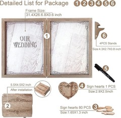 Antique White & Brown Guest Book Frame for Weddings – 80 Wooden Hearts Inside