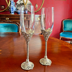 Swarovski Crystal Encrusted Champagne Flutes Set 2 Ornate Gold Tone Filigree