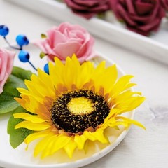 Yellow SILK Sunflowers Burgundy Foam Roses Faux FLOWER BOX Party Events Supplies