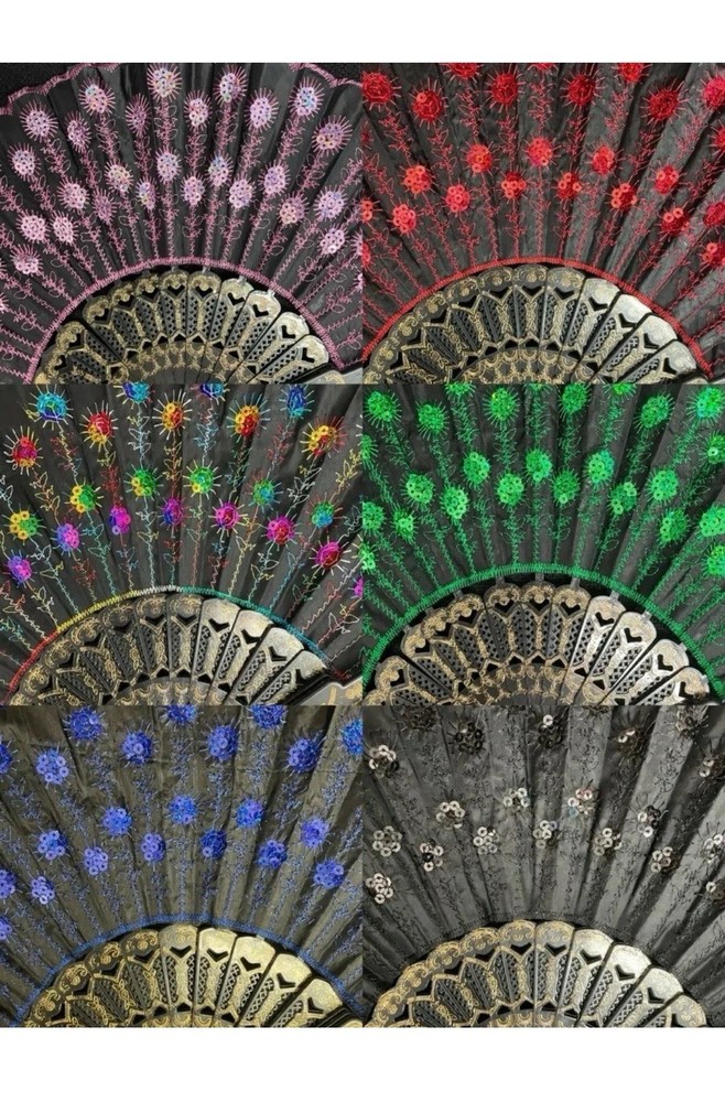 100x Spanish Party Dance Folding Black Sequin Hand Fan with bag Bridgerton party