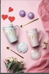 Marbled Ceramic Couple Mugs Set Pink Gray Wedding Gift with Spoons