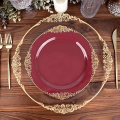Efavormart 10 Pack | 10″ Burgundy and Gold Baroque Dinner Plates, Leaf Embossed