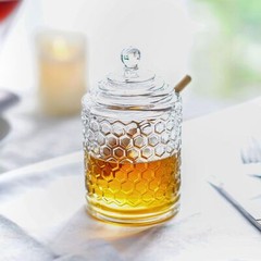 Clear Crystal Honey Pot with Dipper and Lid,Glass Jar Hexagon