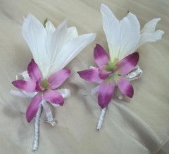 Wedding Bouquet White Lilies Ribbons Purple Orchids Tulle Men’s Corsages