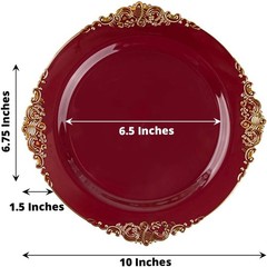 Efavormart 10 Pack | 10″ Burgundy and Gold Baroque Dinner Plates, Leaf Embossed