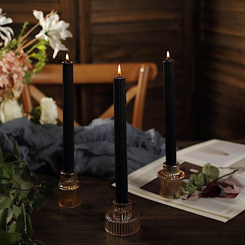 BLACK 5 Ribbed Design 9″ Unscented Premium Wax Taper CANDLES Party Decorations