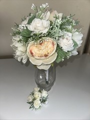 Bridal Bouquet White Roses Peonies Baby Breath + wrist Corsage Baby White Roses