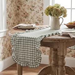 Tegeme Gingham Table Runner 12»x71» Cotton Ruffle Checkered Olive Green Plaid