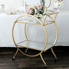 2.5 feet Gold 2-Tier Round Metal Bar Cart with Mirror Glass Serving Trays Home