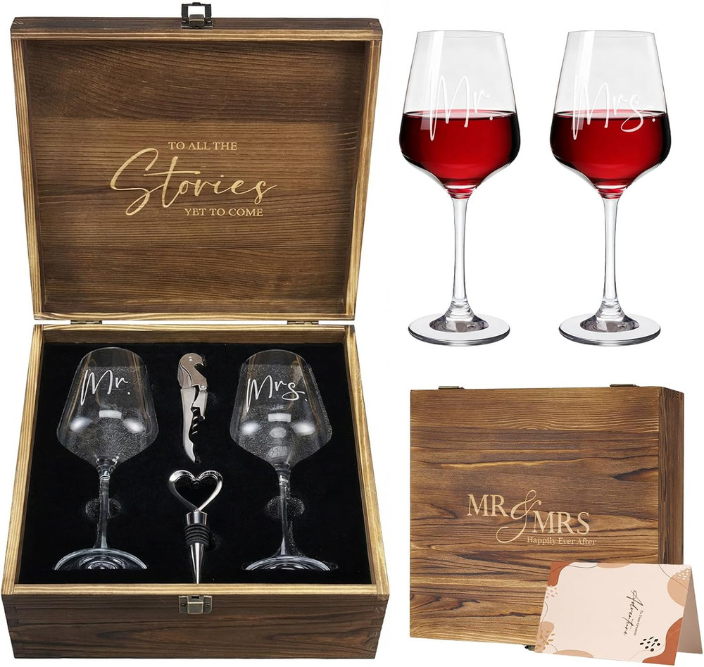 Mr and Mrs Wine Glasses Wedding Gifts for Couples 2026, Engagement Gift for Newl